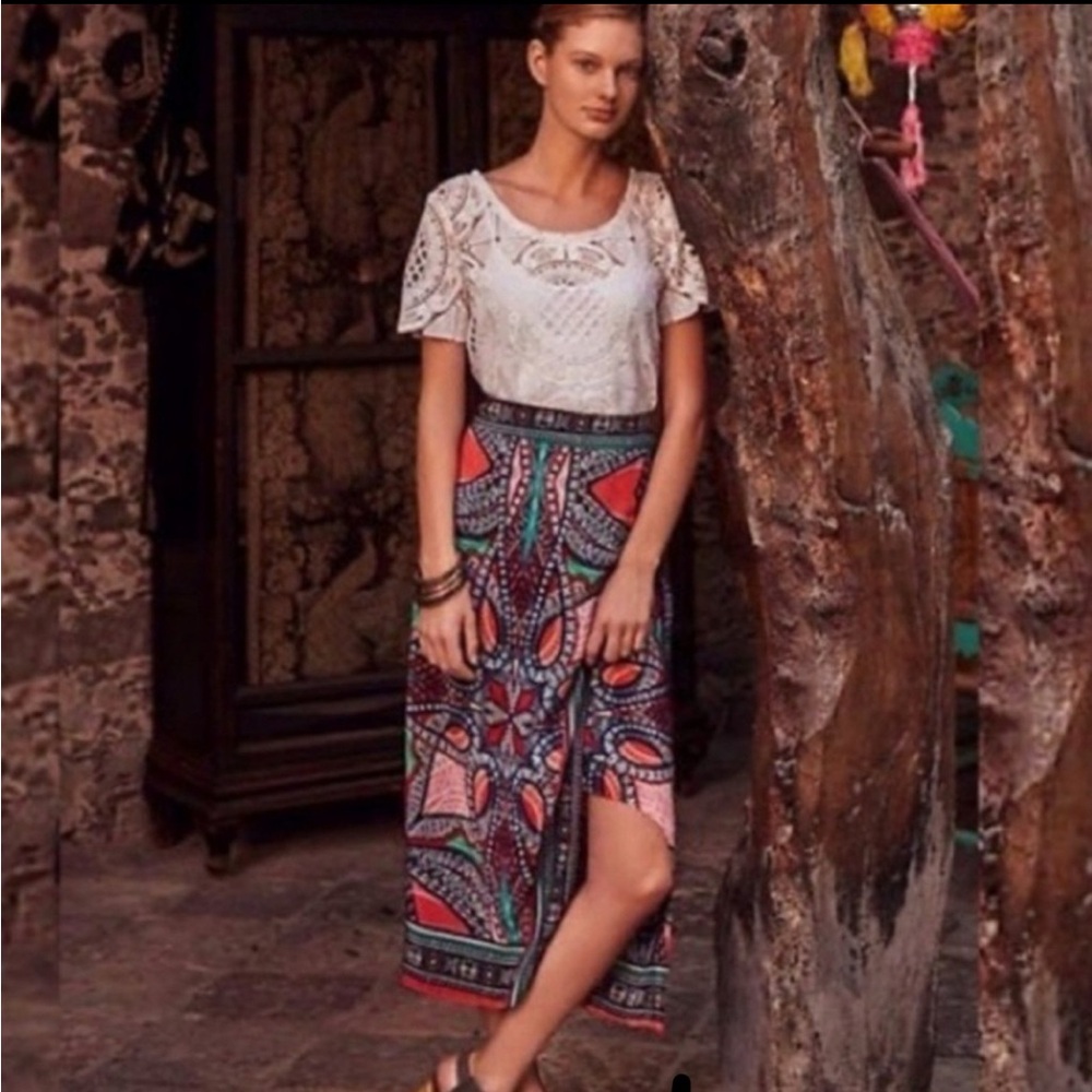 Anthropologie Maeve Geometric Silk Wrap Maxi Skirt